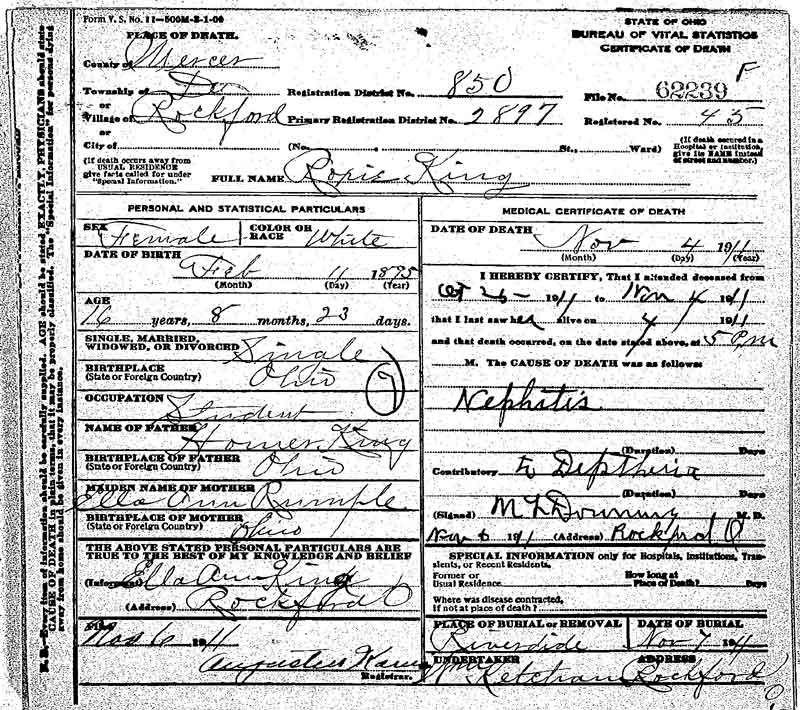 Roxie King Death Certificate