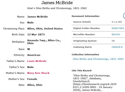 James McBride Birth Record