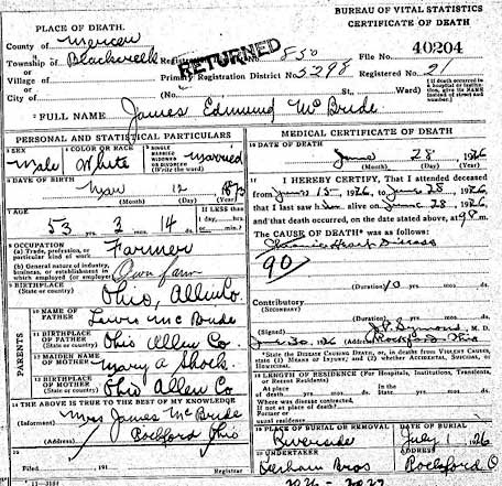 James McBride Death Certificate