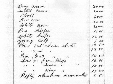 Wm King 1876 Livestock Inventory